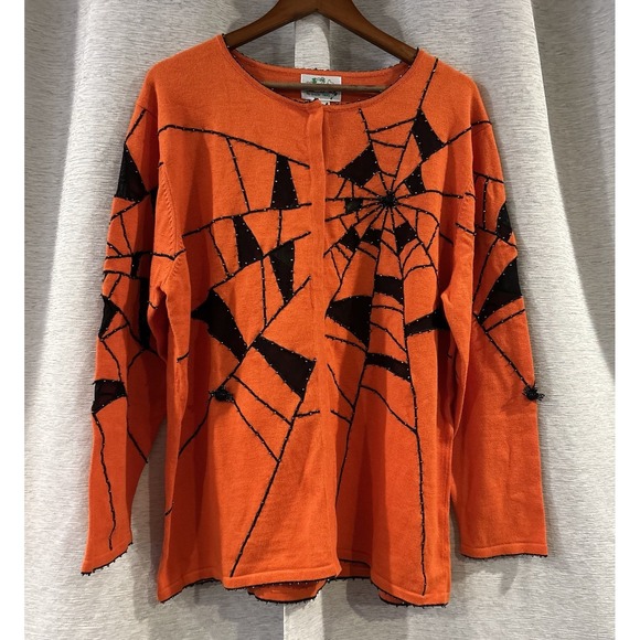 Quacker Factory Sweaters - Vintage Quacker Factory Halloween Beaded spiderweb Orange Cardigan Sweater sz 1X